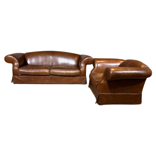 Chesterfield Look 3 Zits Bank + Fauteuil - Bruin - Leder