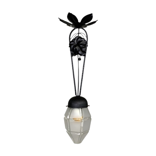 Art Deco Hanglamp Met Zeshoekige Glazen Kap, Jaren 30 1