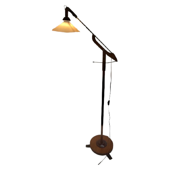 Vintage - Teak Wooden - Floor Lamp With Foldable Arm - Opaline Glass Shade - Denmark, Ca. 1950 1