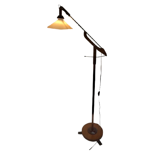 Vintage - Teak Wooden - Floor Lamp With Foldable Arm - Opaline Glass Shade - Denmark, Ca. 1950