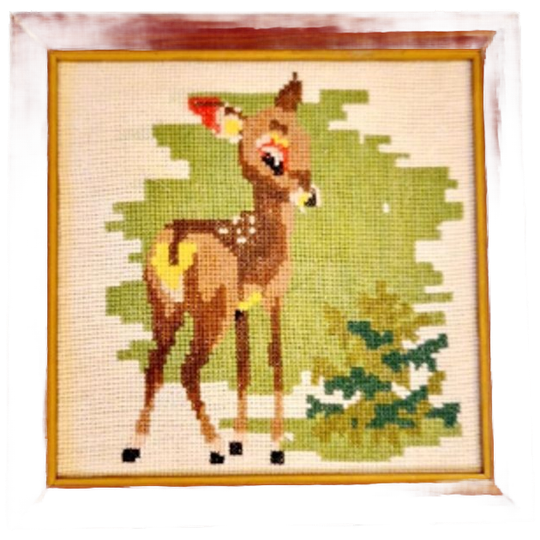 Vintage Schilderijtje Geborduurd Bambi Hertje 1