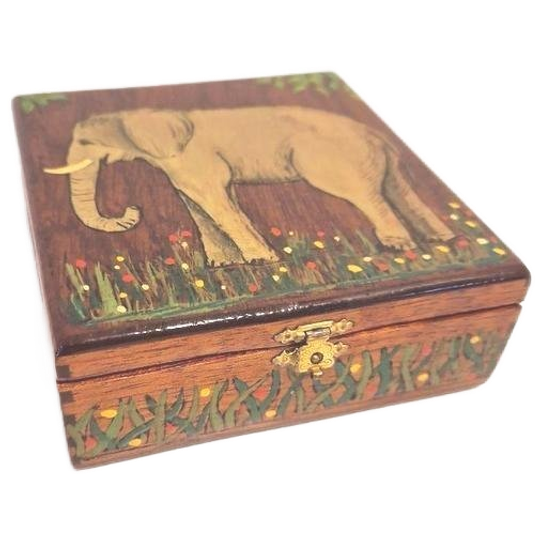 Vintage Houten Doosje Beschilderd Oliefant Beeldje 1