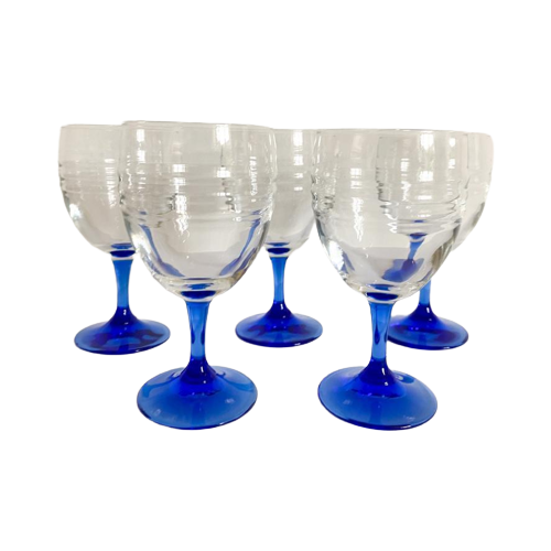 5X Frans Wijnglas / Glazen Blauwe Voet Met Ribbel