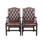 Set Van 2 Mooie En Statige, Luxe Donkerbruine Engelse Rundleren Chesterfield Eetkamer/Bijzet/Verg thumbnail 1