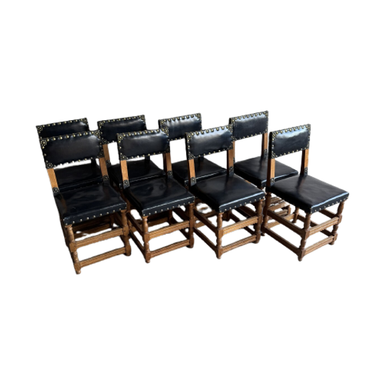 Set Of 8 Wooden And Leather Antique Flemish Chairs. 1