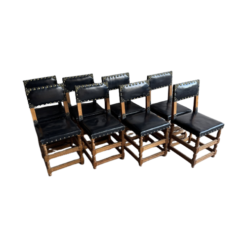 Set Of 8 Wooden And Leather Antique Flemish Chairs.