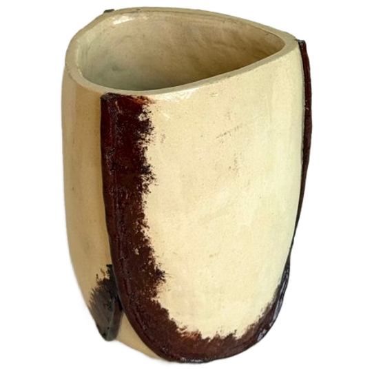 Vintage Handgemaakt Crèmekleurige & Bruine Vaas 1