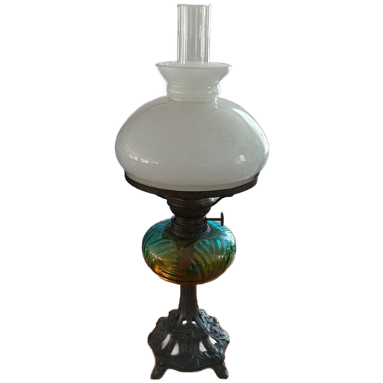 Antieke Petroleumlamp / Olielamp Met Lont Kap En Glas 1