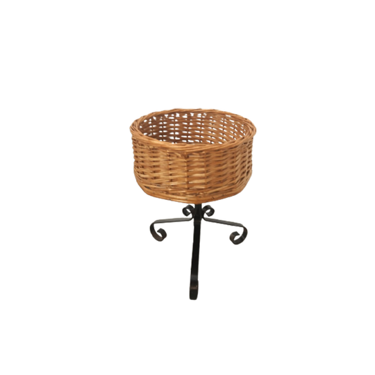 Vintage Rotan Ronde Plantenrek Met Stalen Poten 1