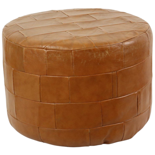 Vintage Ronde Bruine Poef Patchwork Lapjes Kunstleder 45cm 1