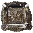 Zilveren Vierkante Asbak - Oud Hollands Herberg Tafereel - Zilver - 3e Kwart 20e Eeuw thumbnail 1