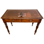 Magnifiek Bureau Werktafel Leer En Ingelegd Met Bladgoud 19E Eeuws Frans thumbnail 1