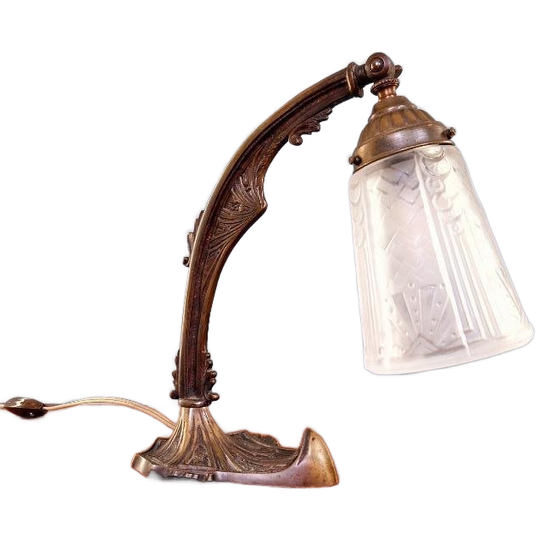 Art Deco Bureaulamp In Brons En Gesatineerd Glas, 1920-30 1