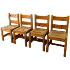 Set Van 4 Vintage Massief Grenenhouten Stoelen Met Biezen Zitting thumbnail 1