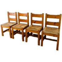 Set Van 4 Vintage Massief Grenenhouten Stoelen Met Biezen Zitting