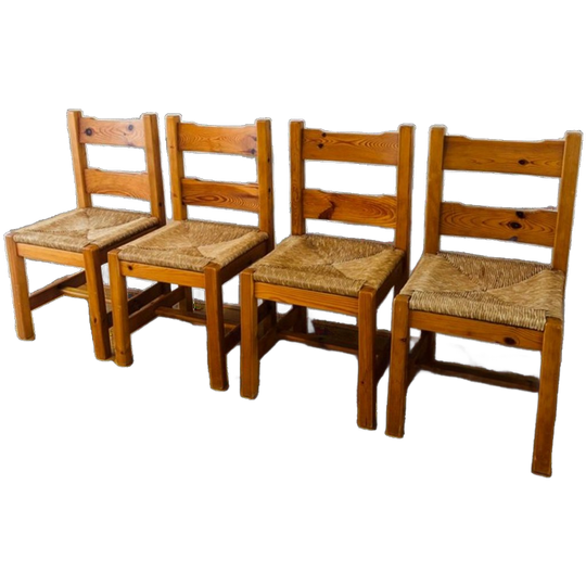 Set Van 4 Vintage Massief Grenenhouten Stoelen Met Biezen Zitting 1