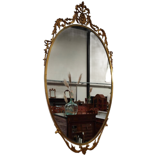 Vintage Goudkleurige Ovale Spiegel Kuifspiegel Schouwspiegel Koper 1