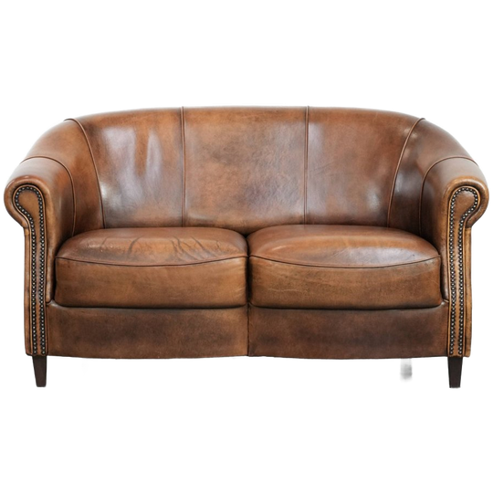 Karaktervolle Vintage Stoere 2-zits Clubbank Gemaakt Van Schapenleer Met Siernagels 1