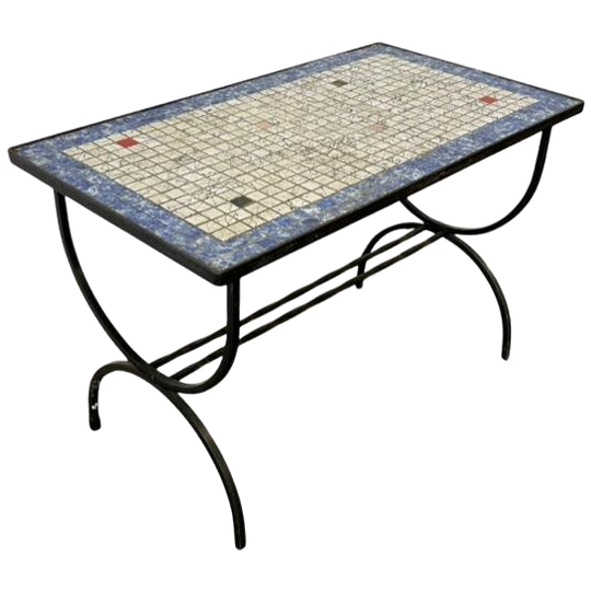 Vintage Blauw Beige Mozaïek Bijzettafel / Plantentafel 1