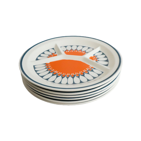 Vintage Set Van 6 Grote Fondue Borden Design Daisy, Norway Jaren '60 1