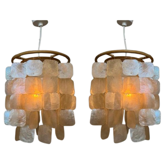 Set Van 2 Capiz Schelpen Hanglamp Lampen Schelp Parelmoer Bamboe Frame Wit Bedrading 1