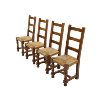 Set Of 4 French Oak And Rush Ladder Back Dining Chairs 1950S