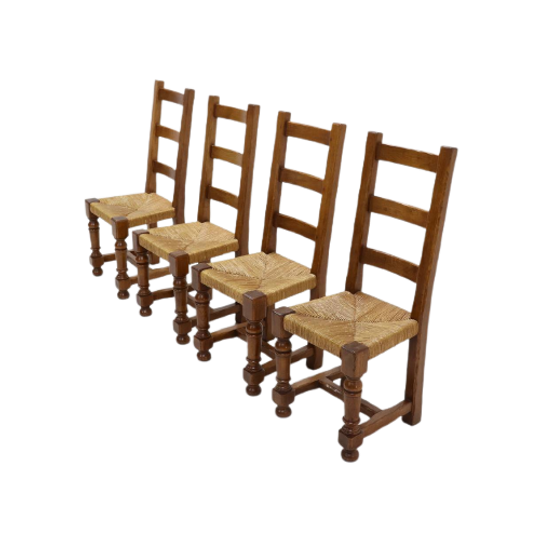 Set Of 4 French Oak And Rush Ladder Back Dining Chairs 1950s 1