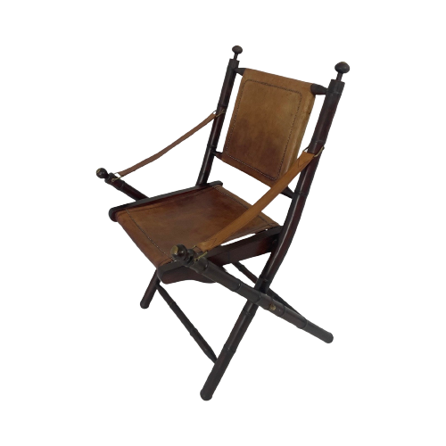 Officer’S Chair - Wood And Leather Upholstery - Military Campaign Style