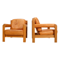 2 Oak Armchairs In Cognac Leather