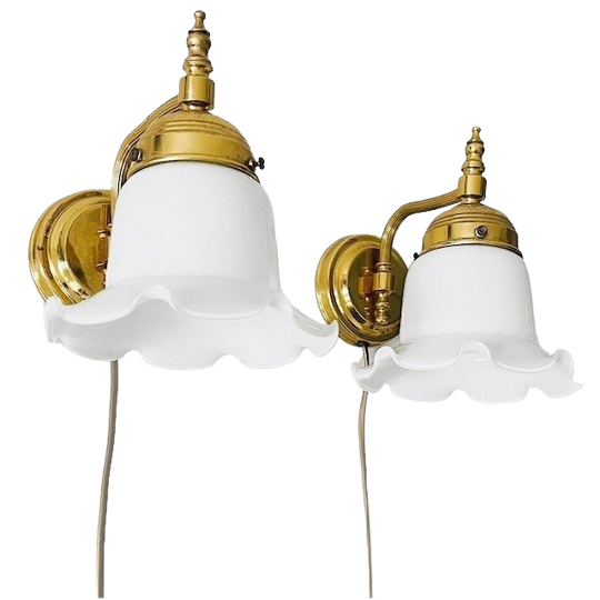 Set Wandlampen Messing Melkglas Hollywood Regency 1970’s 1