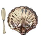 Vintage Coquille Schelp Boterschaal Mes Verzilverd Metaal Queen Anne thumbnail 1