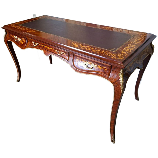 Klassieke Rozenfineer Bureau Met Marqueterie, Bruin Leder Ingelegd Blad, 3 Lades En Messing Beslag, Afm. 158x71cm En 81cm Hoog. 1