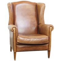 Charmante, Tijdloze En Karaktervolle Rundleren Oorfauteuil In Een Lichte Cognac Kleur