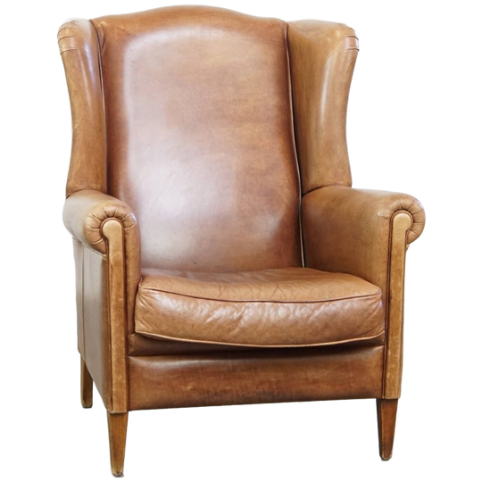 Charmante, Tijdloze En Karaktervolle Rundleren Oorfauteuil In Een Lichte Cognac Kleur 1