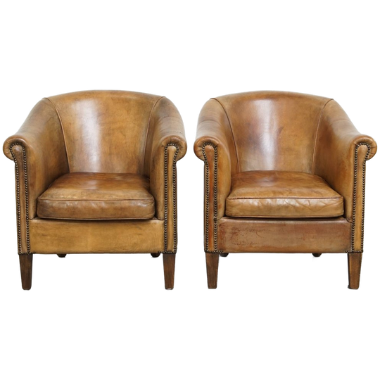 Set Van 2 Begeerlijke Schapenleren Clubfauteuils Van Nico Van Oorschot Met Een Uniek Patina 1