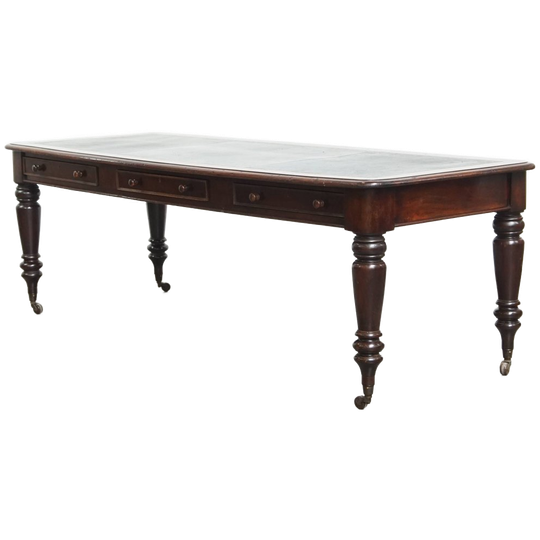 Lange, Unieke Antieke Engelse Schrijftafel/ Partner Desk Met Een Blauw Lederen Blad 1