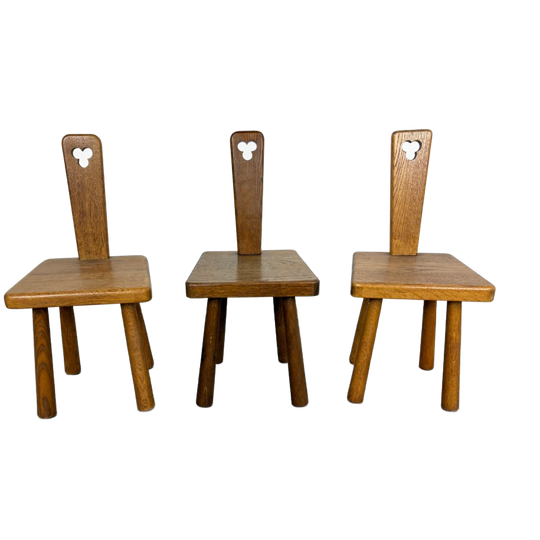3 X Mid-century Mini Pierre Chapo Style Solid Oak Chairs Brutalist 1