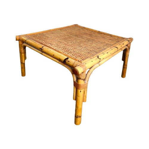 Vintage Bamboo Vierkante Coffee Table / Salontafel Met Rotan