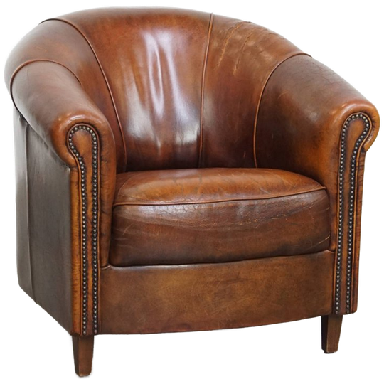 Stoere Vintage Schapenleren Clubfauteuil In Mooie Warme Kleuren, Afgewerkt Met Siernagels 1