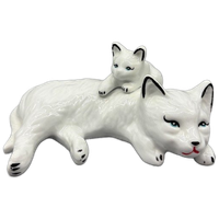 Liggende Poes Met Kitten Porselein 50's