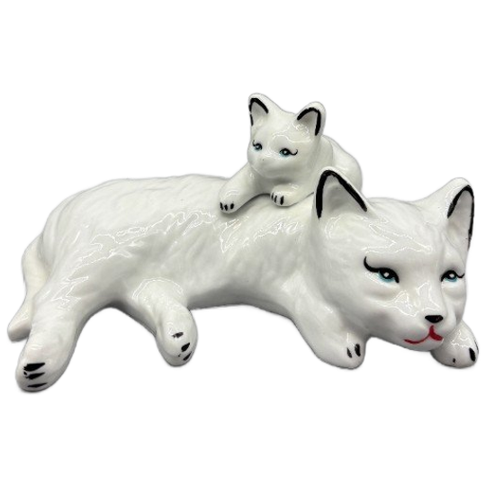 Liggende Poes Met Kitten Porselein 50's 1