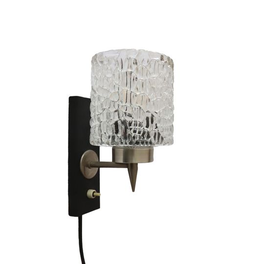 Vintage Wandlamp Chroom/zwart/bewerkt Glas, Jaren '70 1