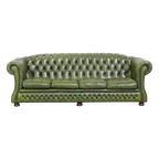 Comfortabele, Groene, Rundlederen Ruime 3 Zits Engelse Chesterfield Bank thumbnail 1