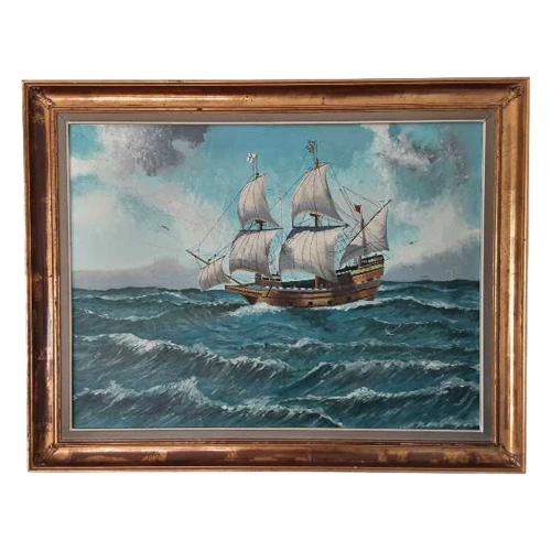 Groot Schilderij Van De Mayflower (3 Master) Op Canvas (  94,5X74,5Cm ) Acrylverf
