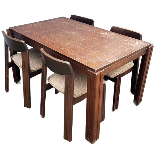 Brutalist Jaren 60 Eetkamerset (uitschuifbare Stafel + 4 Stoelen) 1