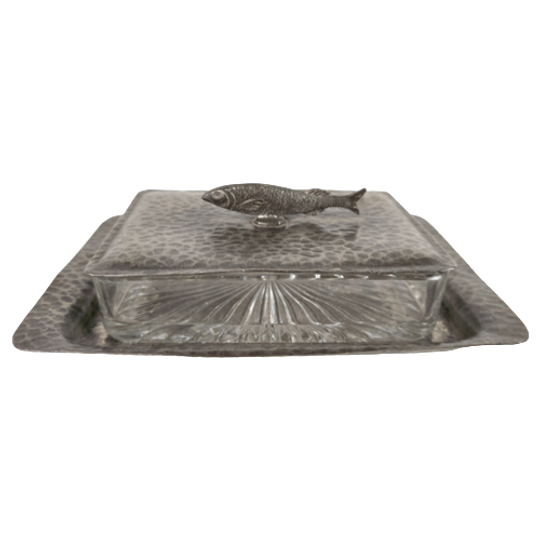 Unity Pewter - Art Deco - Caviar Dish - Glas - Tin - Gemerkt - Engeland - 2e Helft 20e Eeuw 1