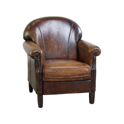 Karaktervolle Fauteuil Gemaakt Van Schapenleer Met Een Geweldig Patina En Goed Zitcomfort