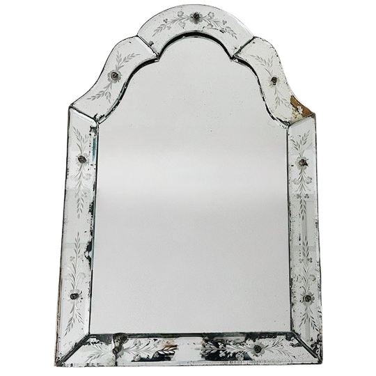 Antieke Venetiaanse Tafelspiegel Geëtst Glas Bloemen Spiegeltje 1900’s 1