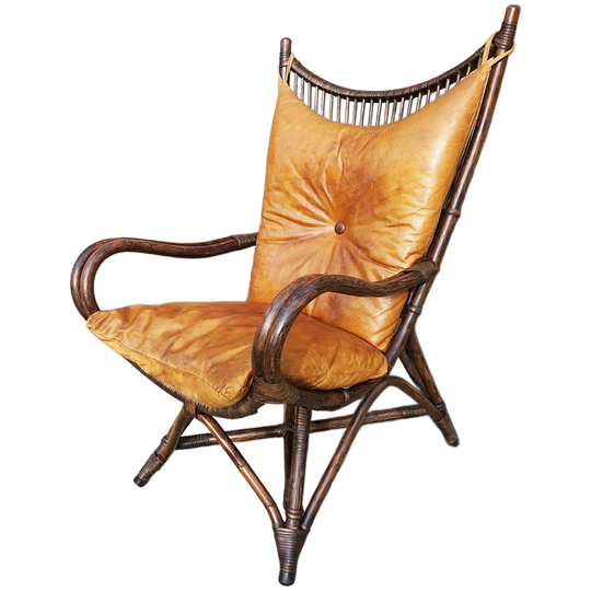 Grote Vintage Rotan Bamboe Fauteuil Met Hoge Rug En Leren Kussens, Jaren 70 1