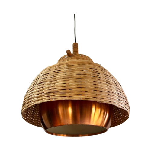 Prachtige Vintage Japandi Lamp Rotan Met Koper